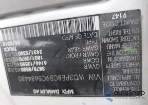 2012 Mercedes-Benz Sprinter 2500 High Roof z USA, uszkodzony, nr VIN WD3PE8CB9C5684480